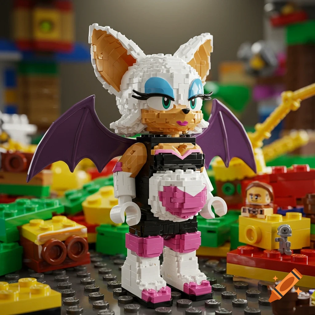 Lego minifigure of pregnant Rouge the Bat standing among colorful Lego bricks.
