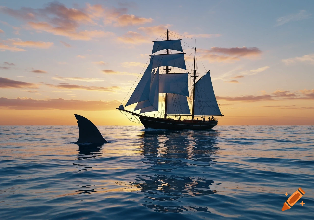A large shark fin surfaces near a sailboat on a calm ocean at sunset.