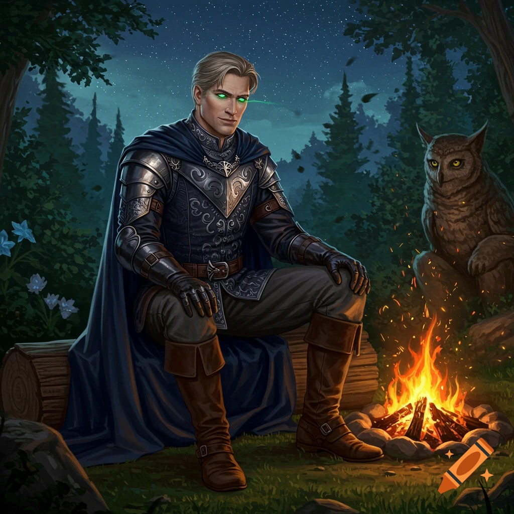 A man in dark armor with glowing green eyes sits on a log by a campfire in a dark forest at night, an owl perched nearby.