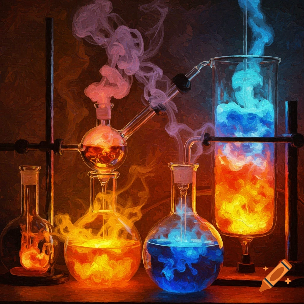 Colorful chemistry experiment with glowing liquids and smoke in glassware, in a vibrant Van Gogh painting style.