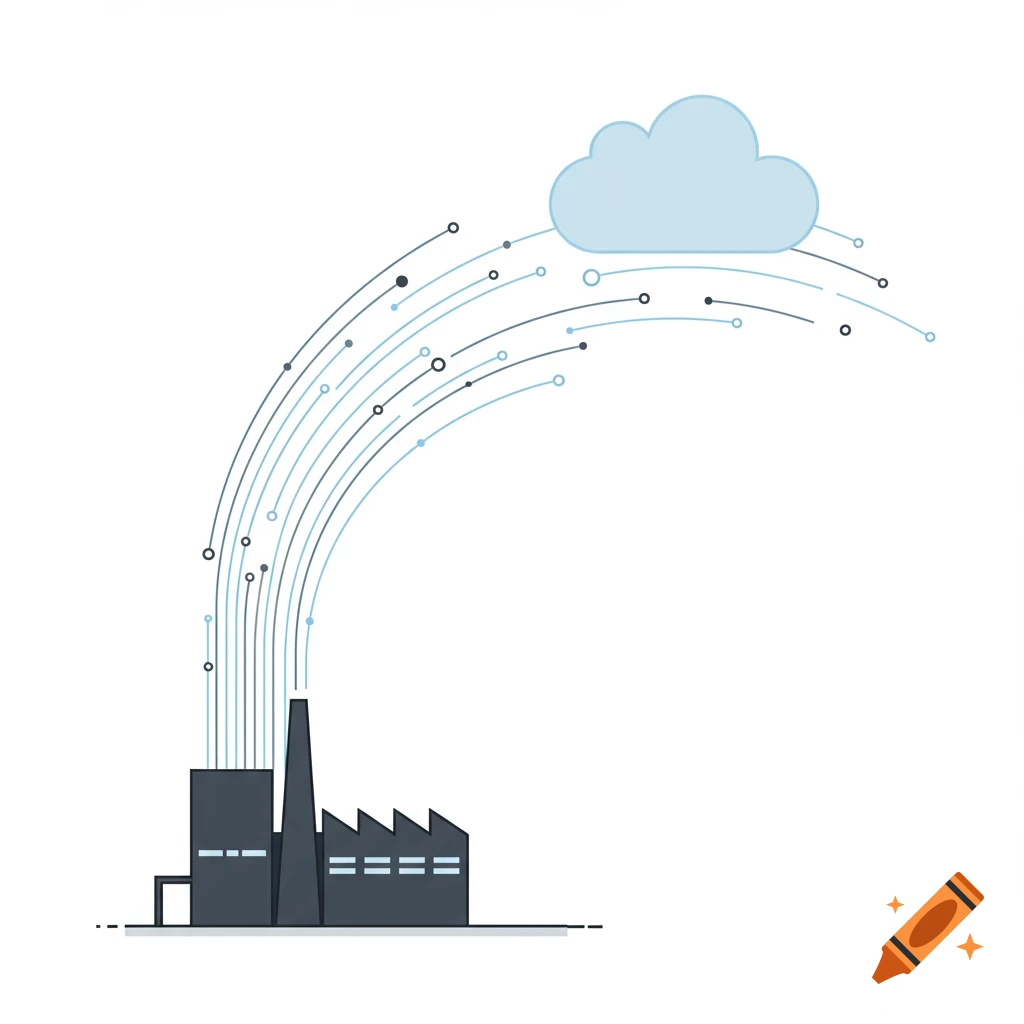 Minimalist illustration of a factory connected by data lines to a cloud, representing industrial digitalization.