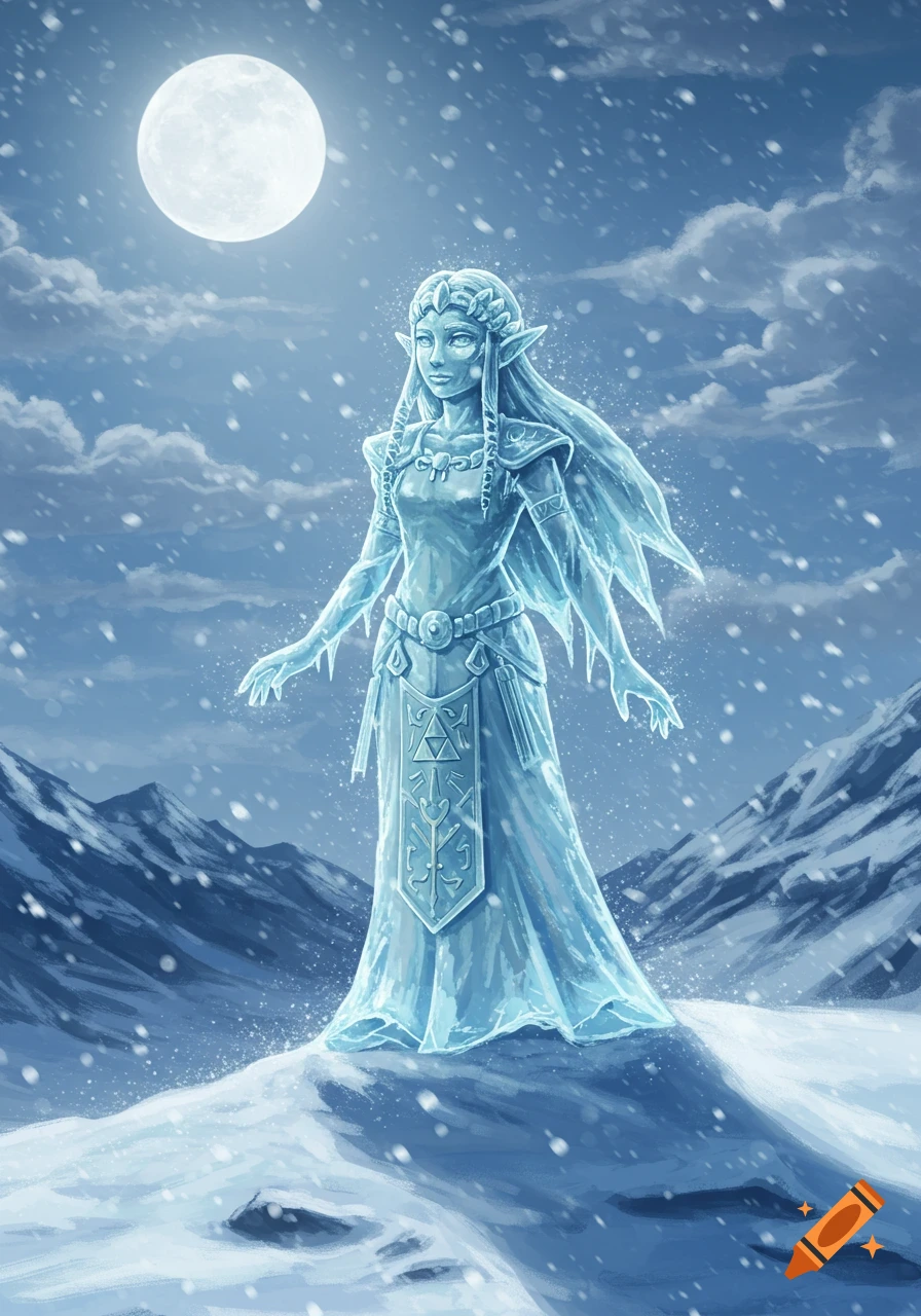 Digital art of Zelda as an ice statue, standing on a snowy mountain under a full moon, with snow falling.