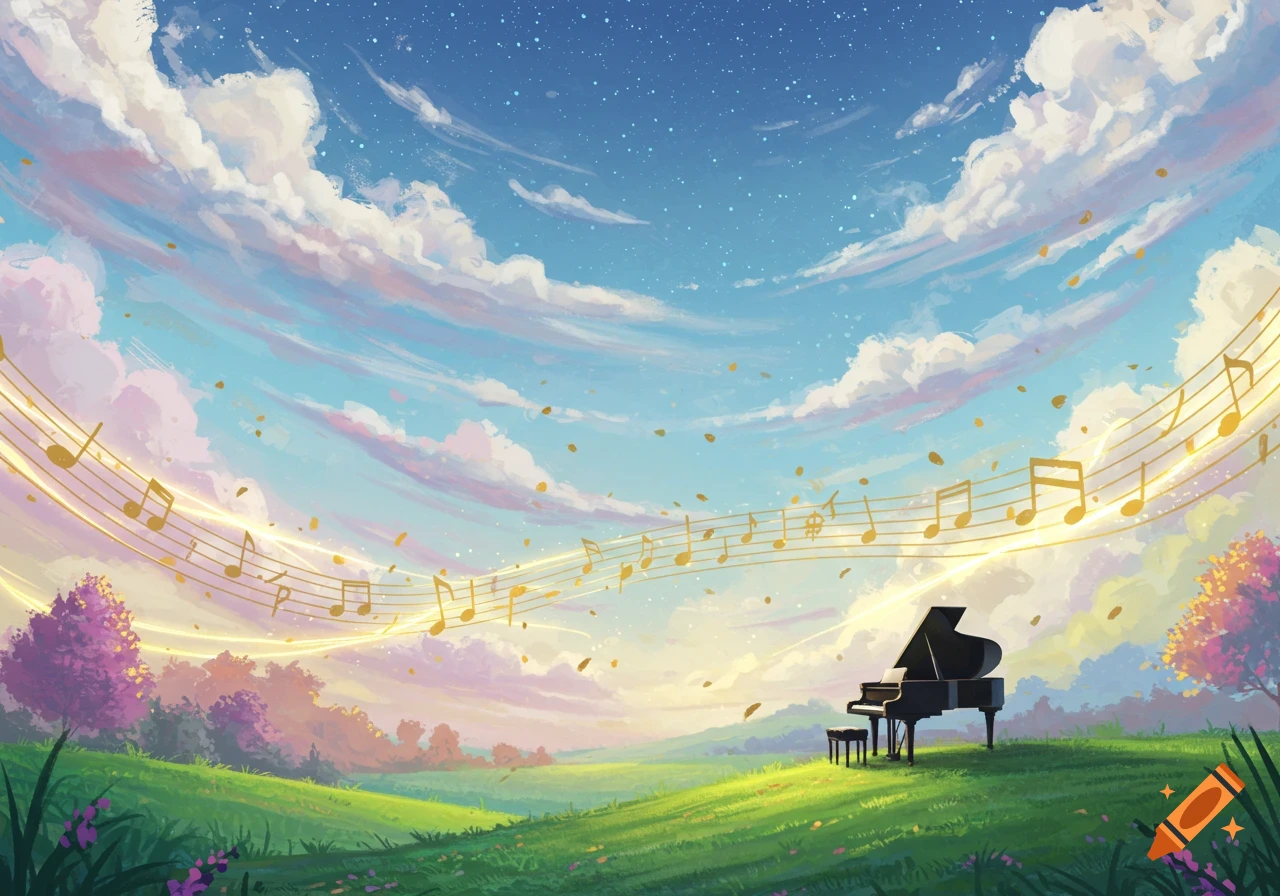 Anime style landscape with a grand piano in a grassy field, under a blue sky with pink clouds, glowing musical notes floating.