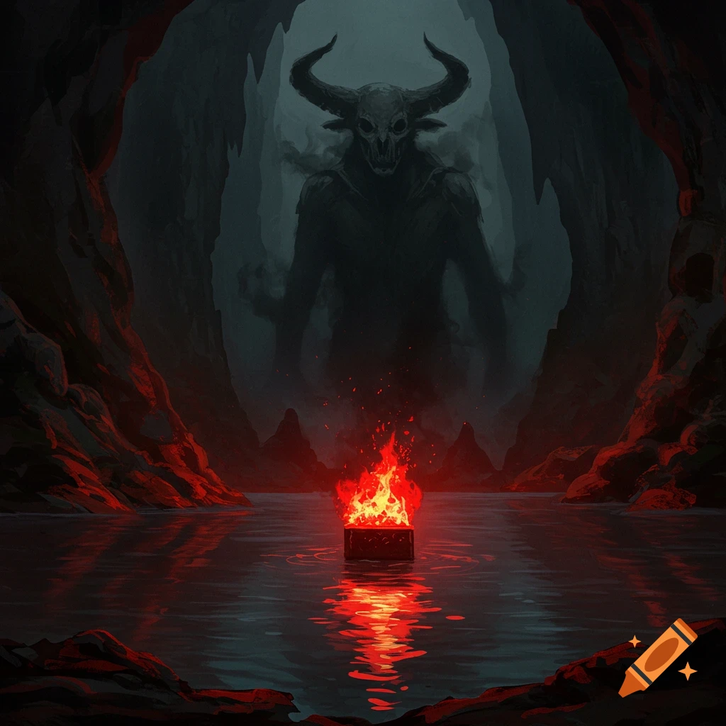 A dark cave with a lake reflects a fiery offering. A shadowy, horned demon looms in the background.
