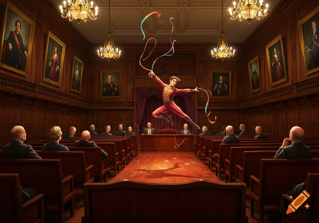 A dancer in a red and gold costume leaps with colorful ribbons in a grand, wood-paneled hall filled with seated audience members.