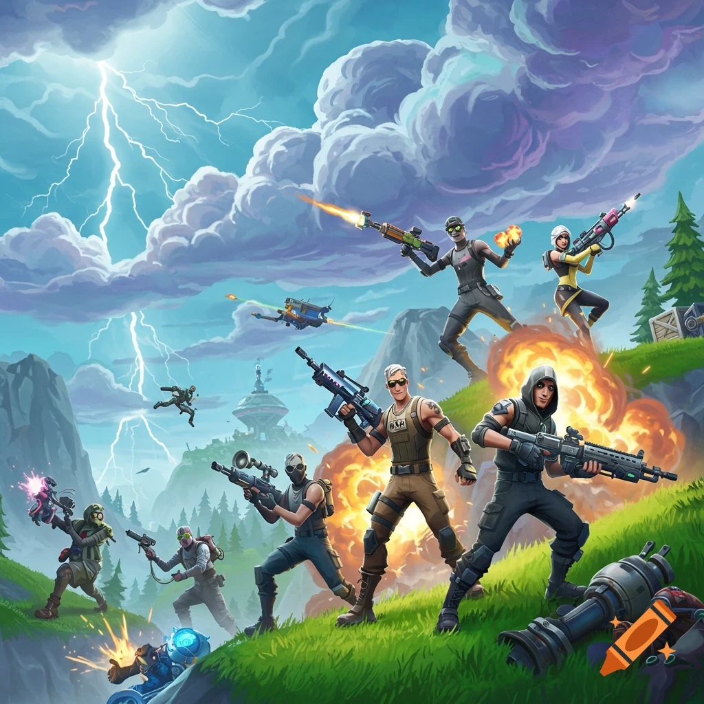 Stylized Fortnite characters with weapons battle on a green hill with explosions, lightning, and mountains in the background.