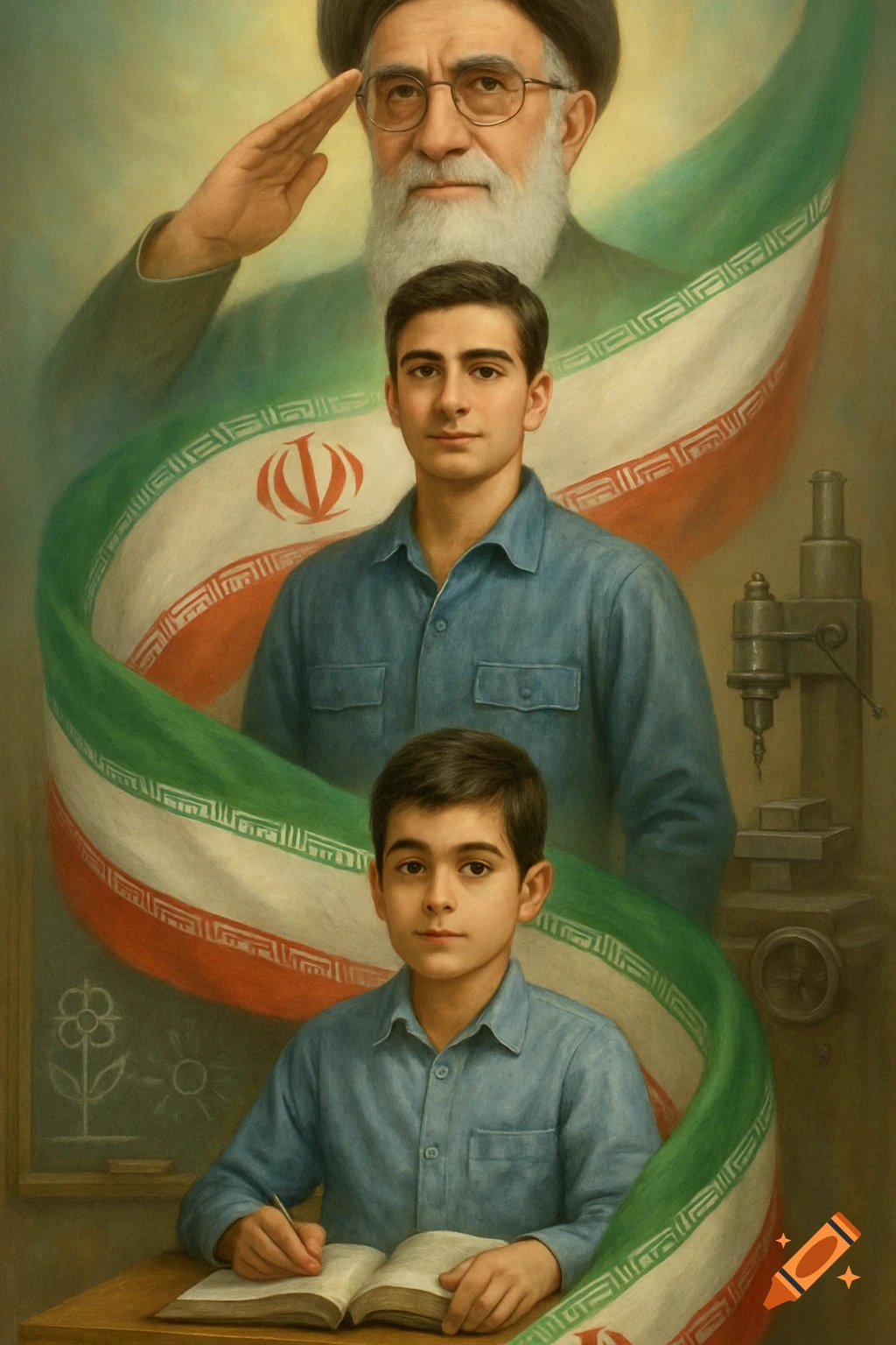 A patriotic poster with Imam Khamenei saluting above an Iranian flag, behind a young boy studying and a teenage boy standing, symbolizing life stages.