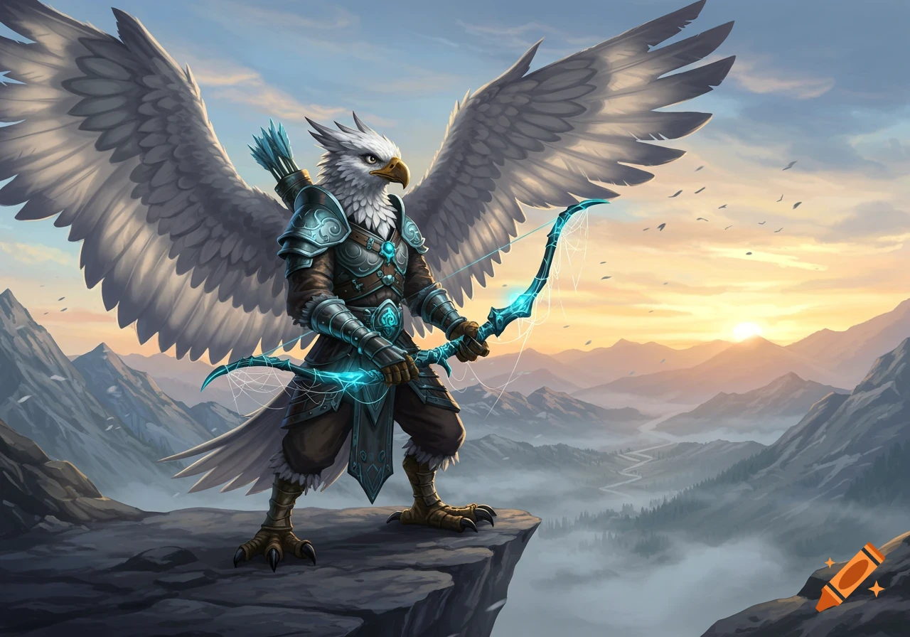 An armored eagle-headed Aarakocra warrior with a glowing bow stands on a cliff overlooking a misty mountain valley at sunset.