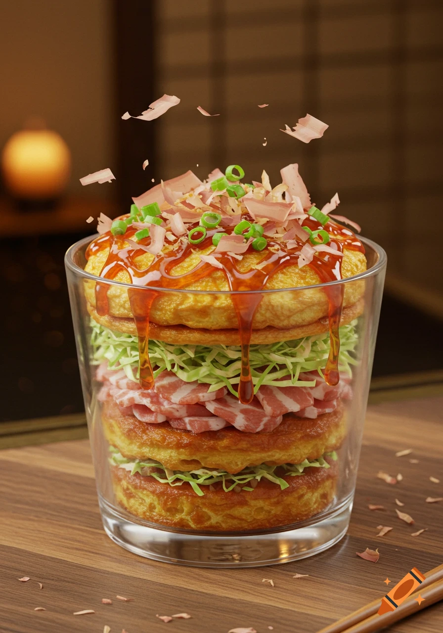 A layered okonomiyaki served in a glass, topped with sauce, bonito flakes, and green onions, on a wooden table.