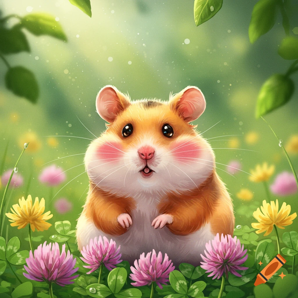 A cute, fluffy brown and white hamster with pink cheeks sits among pink and yellow clover flowers in a sunny green field.