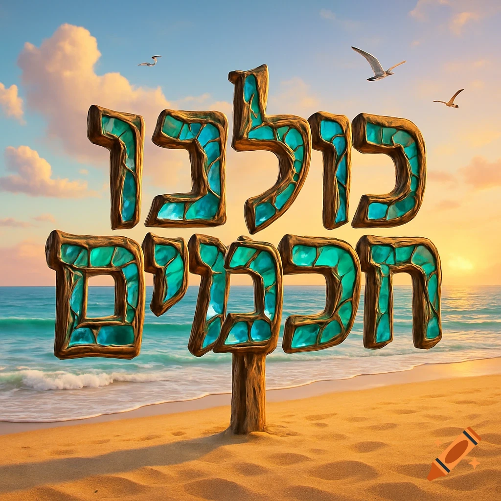 Stylized bronze and turquoise Hebrew letters spelling 'We are all wise' on a sandy beach at sunset, with waves and seagulls.
