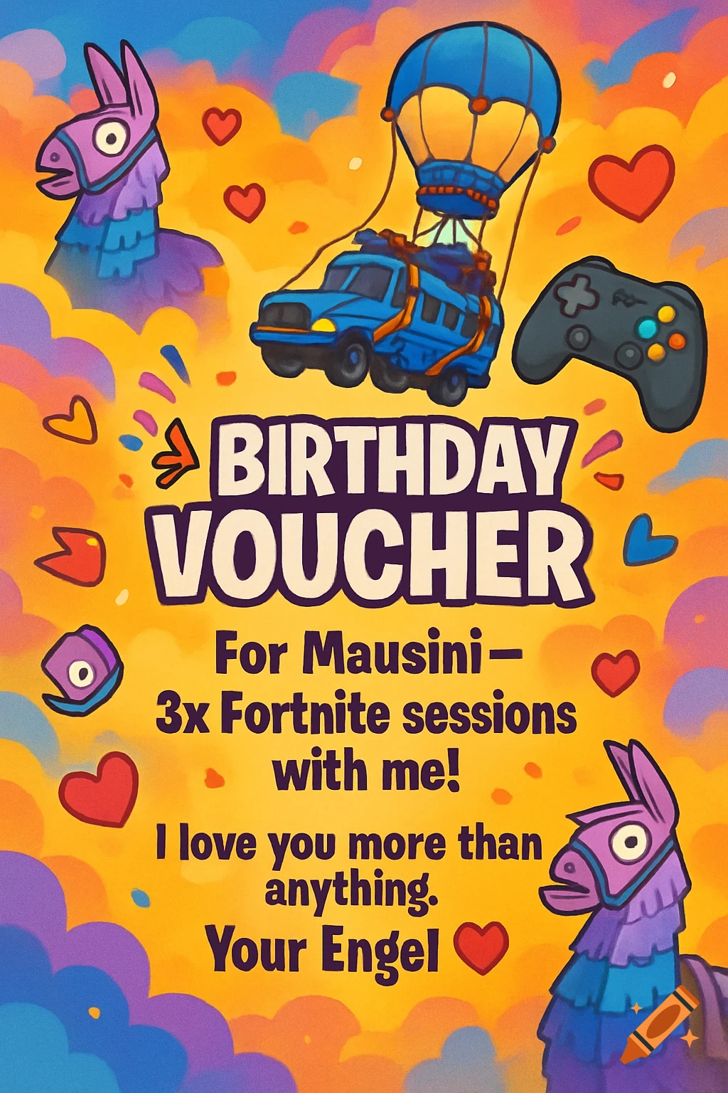 A colorful cartoon Fortnite birthday voucher with a Battle Bus, loot llamas, a gaming controller, and text.