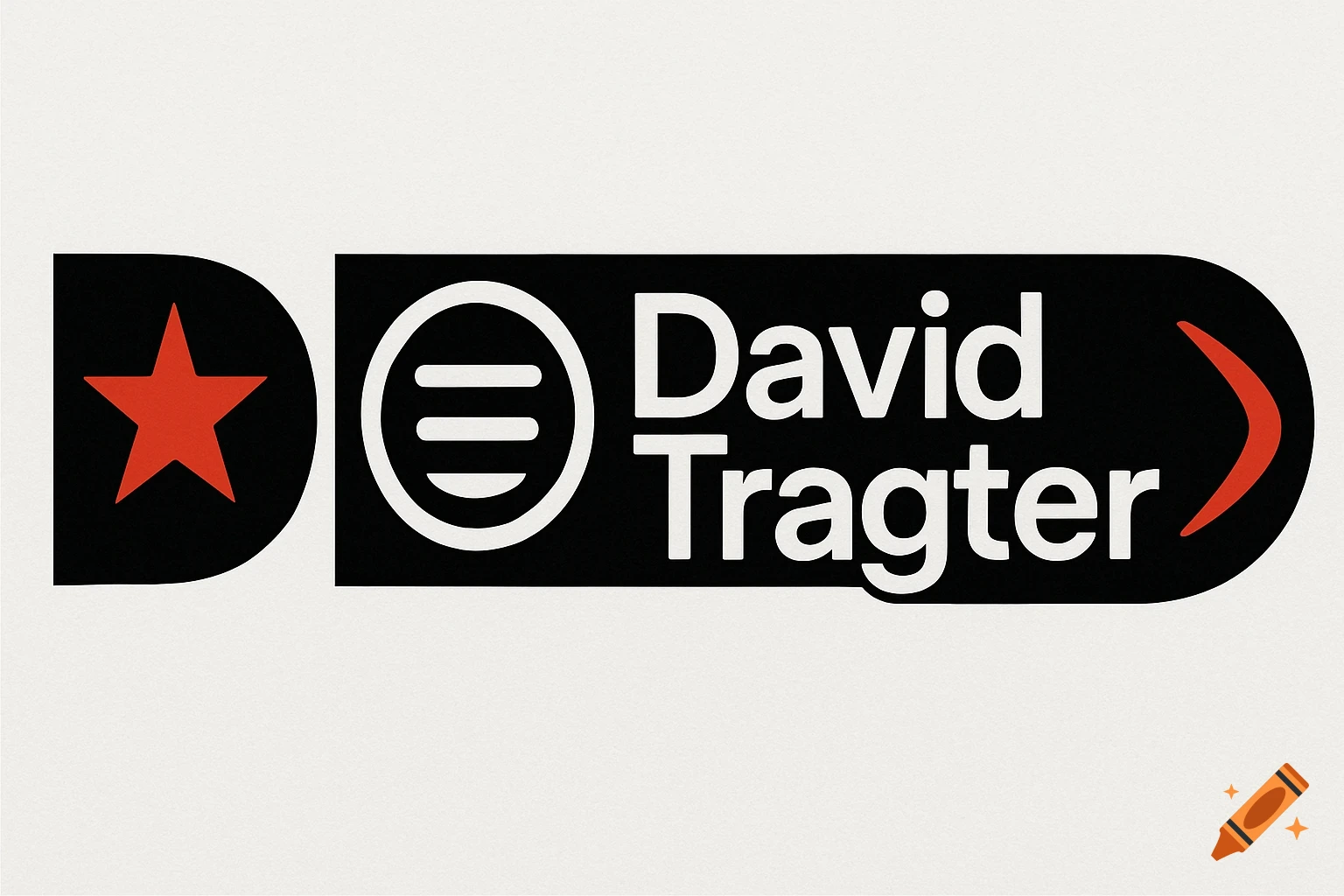 A modern minimalist logo for David Tragter, featuring white text on a black bar, with a red star on a 'D' shape and abstract icons.