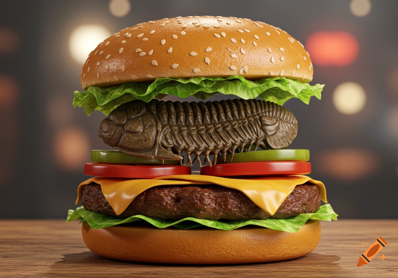Photorealistic close-up of a hamburger featuring a dark brown trilobite as a patty, served on a wooden surface.