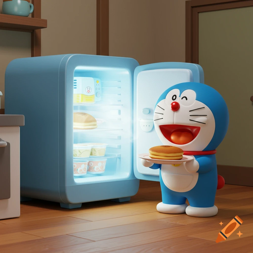 A blue cartoon robot cat, Doraemon, winks and smiles while holding a plate of pancakes next to an open, glowing mini-fridge in a kitchen.