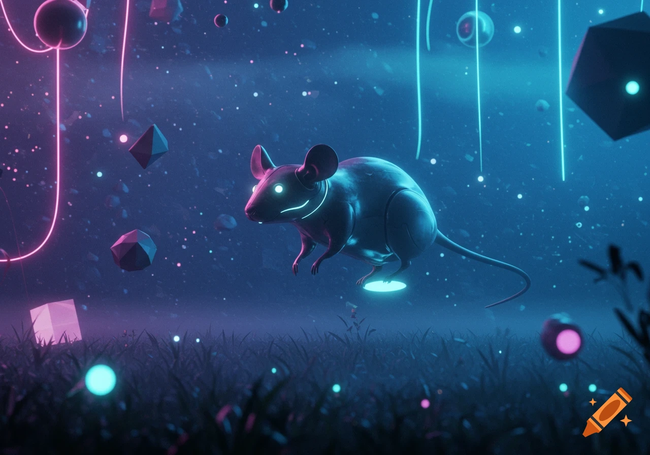 A glowing, dark sci-fi mouse creature hovers above grass in a vibrant, neon-lit, ethereal landscape with geometric shapes.