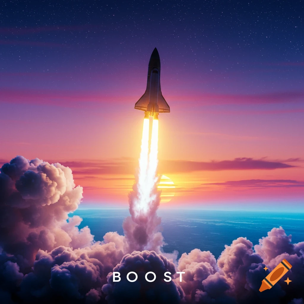 A space shuttle launches into a vibrant sunset sky over an ocean, with 'BOOST' text at the bottom.