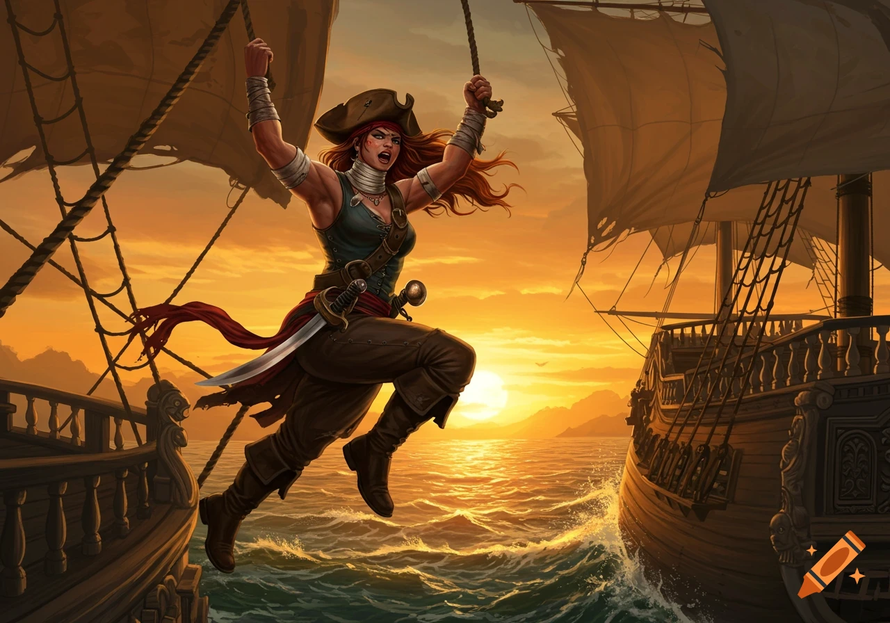 A muscular female pirate swings on a rope between two sailing ships at sunset, sword at her hip, detailed illustration.
