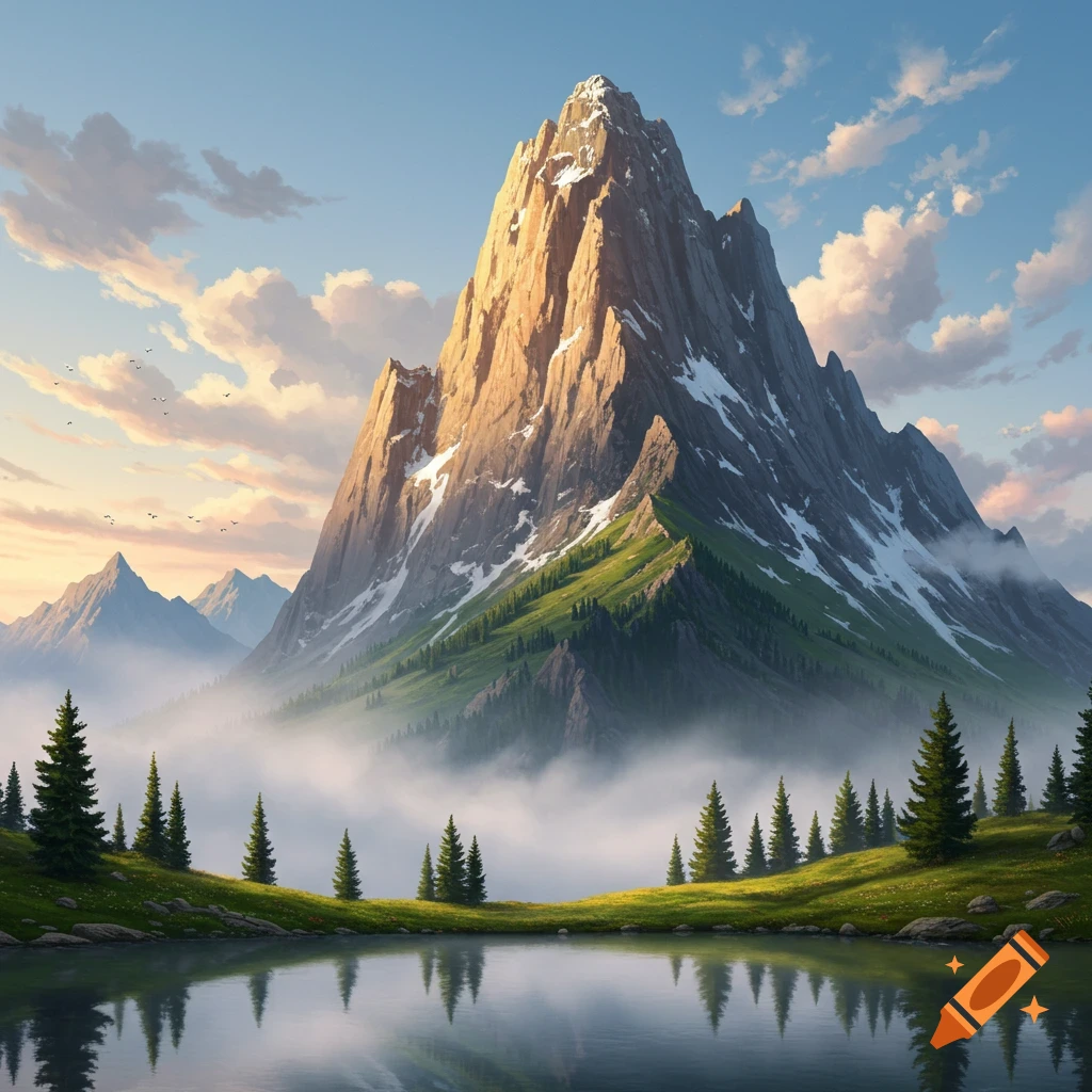 Majestic snowy mountain reflected in a still lake, surrounded by pine trees and misty clouds at sunrise.