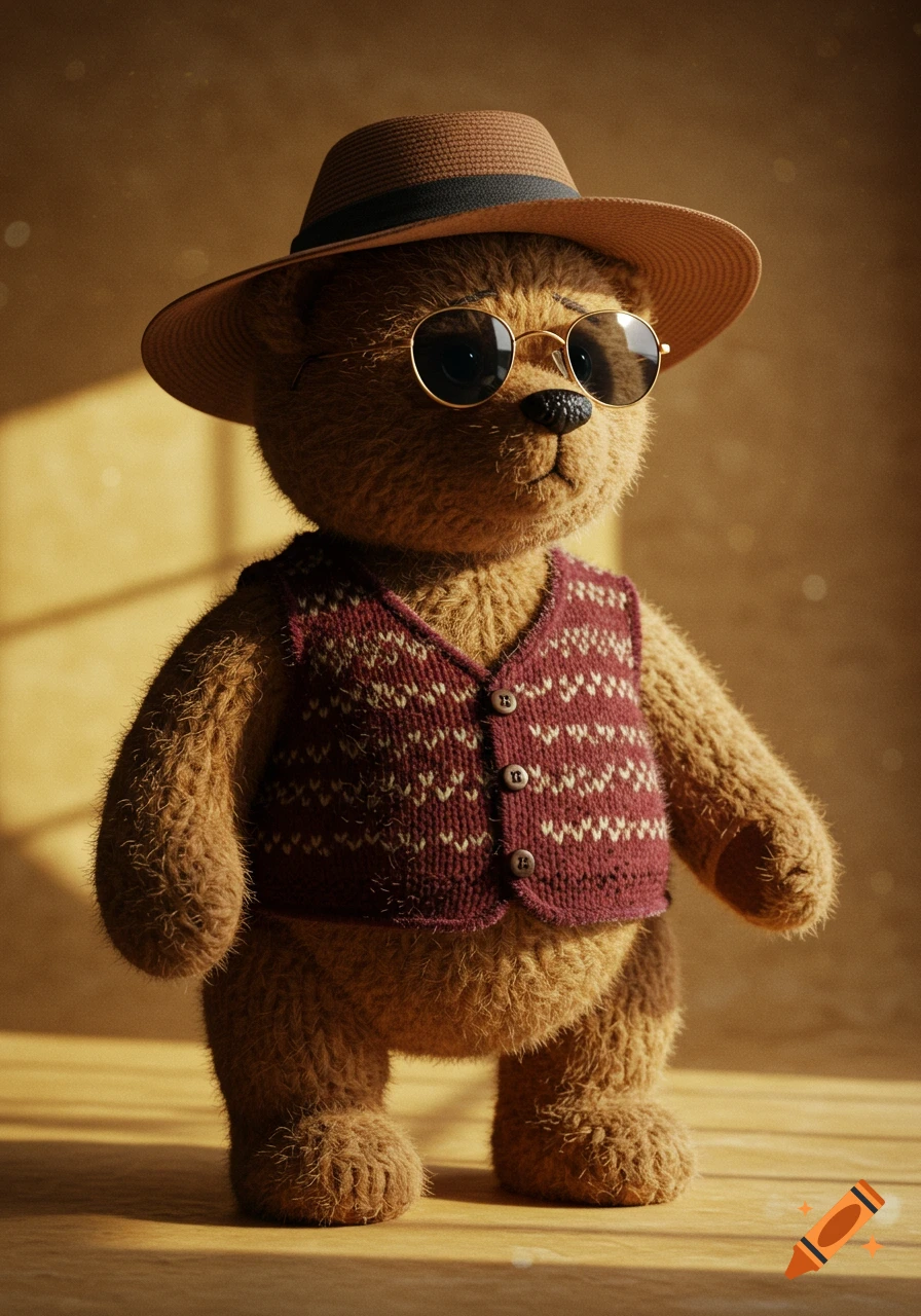 A photorealistic teddy bear wearing a brown fedora, round sunglasses, and a maroon knitted vest with white patterns, set against a warm background.