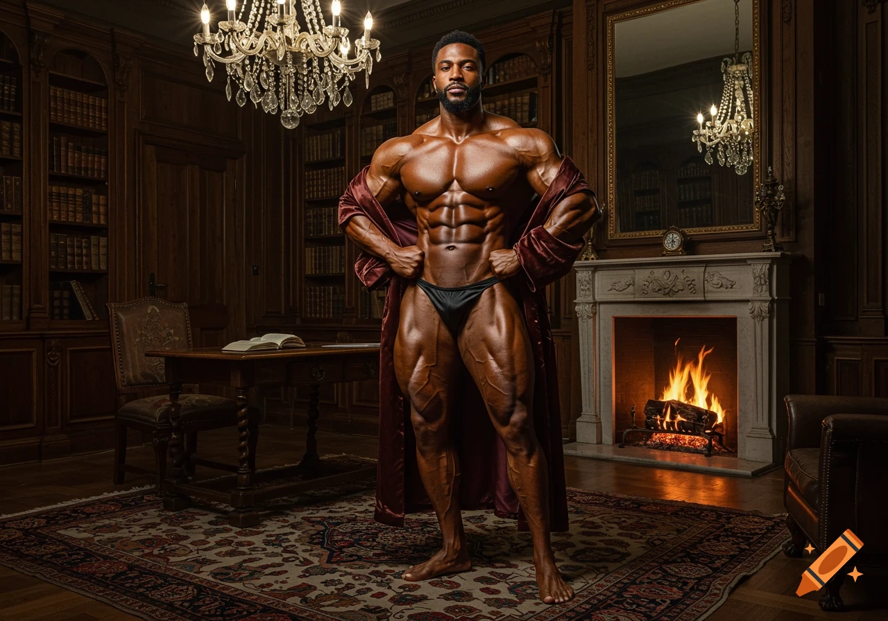 Photorealistic image of a muscular bodybuilder posing in an elegant wood-paneled library with a fireplace and chandelier.