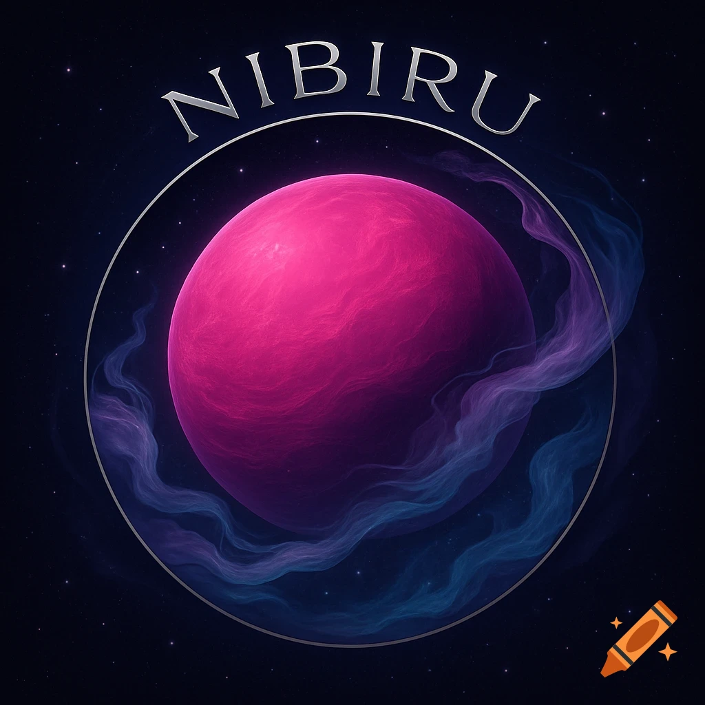 A vibrant pink planet with wisps of blue and purple nebula, framed by a silver ring and the text 'NIBIRU' on top, against a starry dark blue space background, styled as a logo.
