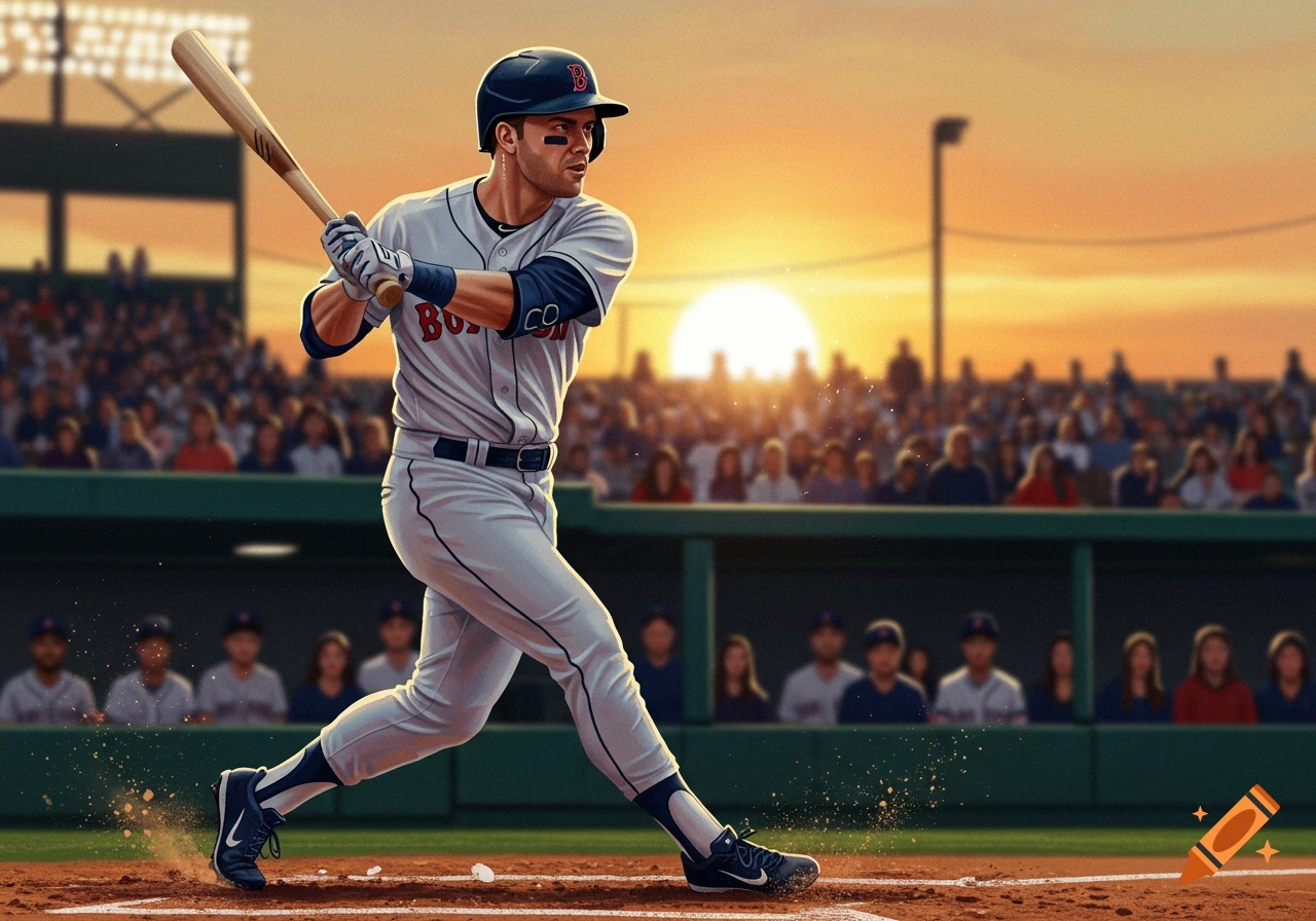 An illustrative image of a baseball player in a gray and navy uniform, wearing a Boston B cap, batting at sunset in a stadium.