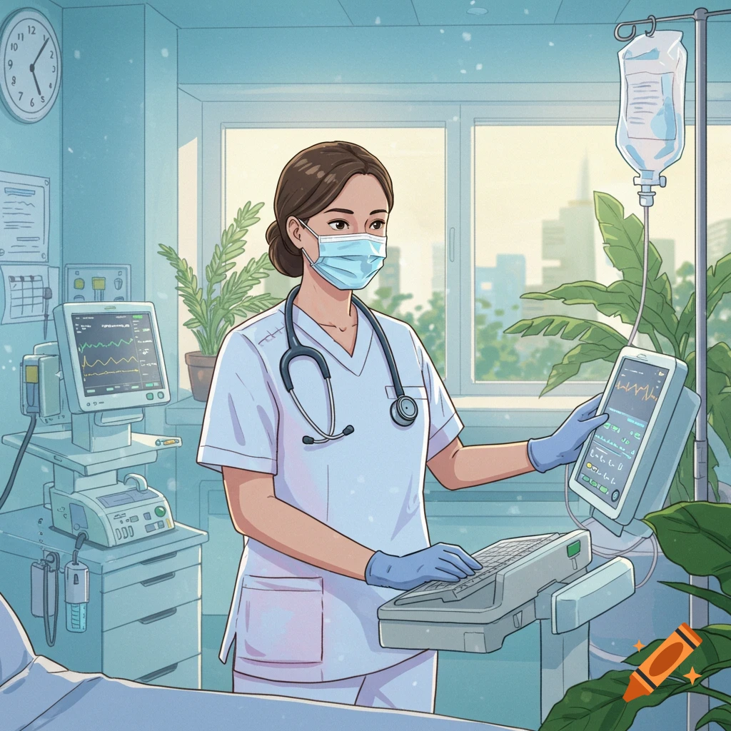 An illustration of a nurse in scrubs and a face mask checking medical equipment in a hospital room.