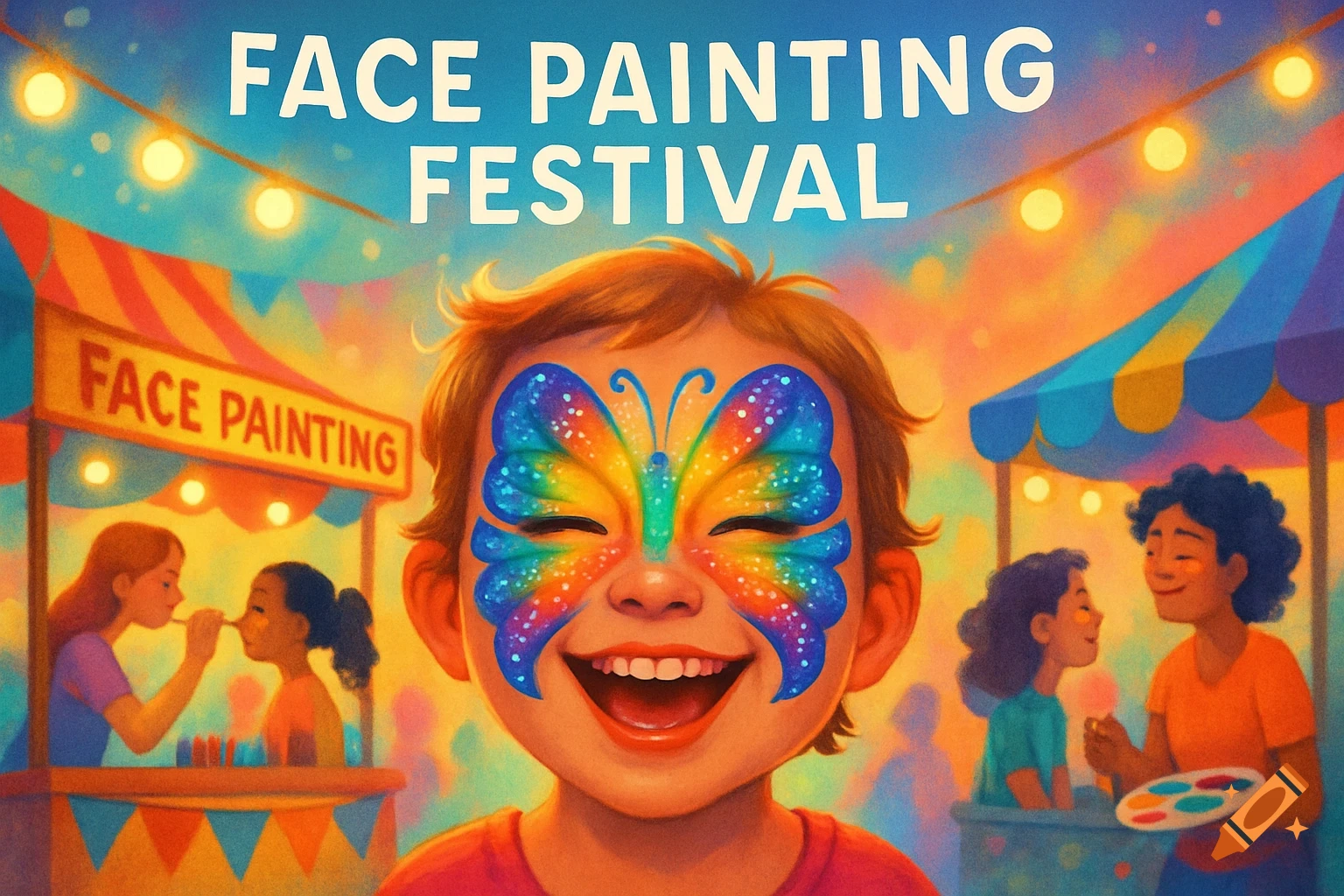 Smiling child with rainbow butterfly face paint at a vibrant face painting festival. Text says 'FACE PAINTING FESTIVAL'.