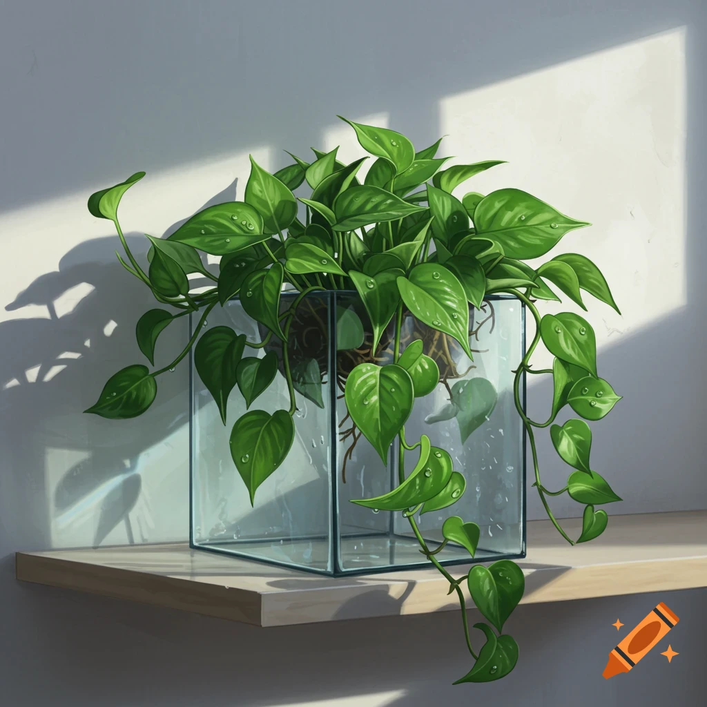 A lush green pothos plant with water droplets in a clear glass cube on a wooden shelf, bathed in dappled sunlight.