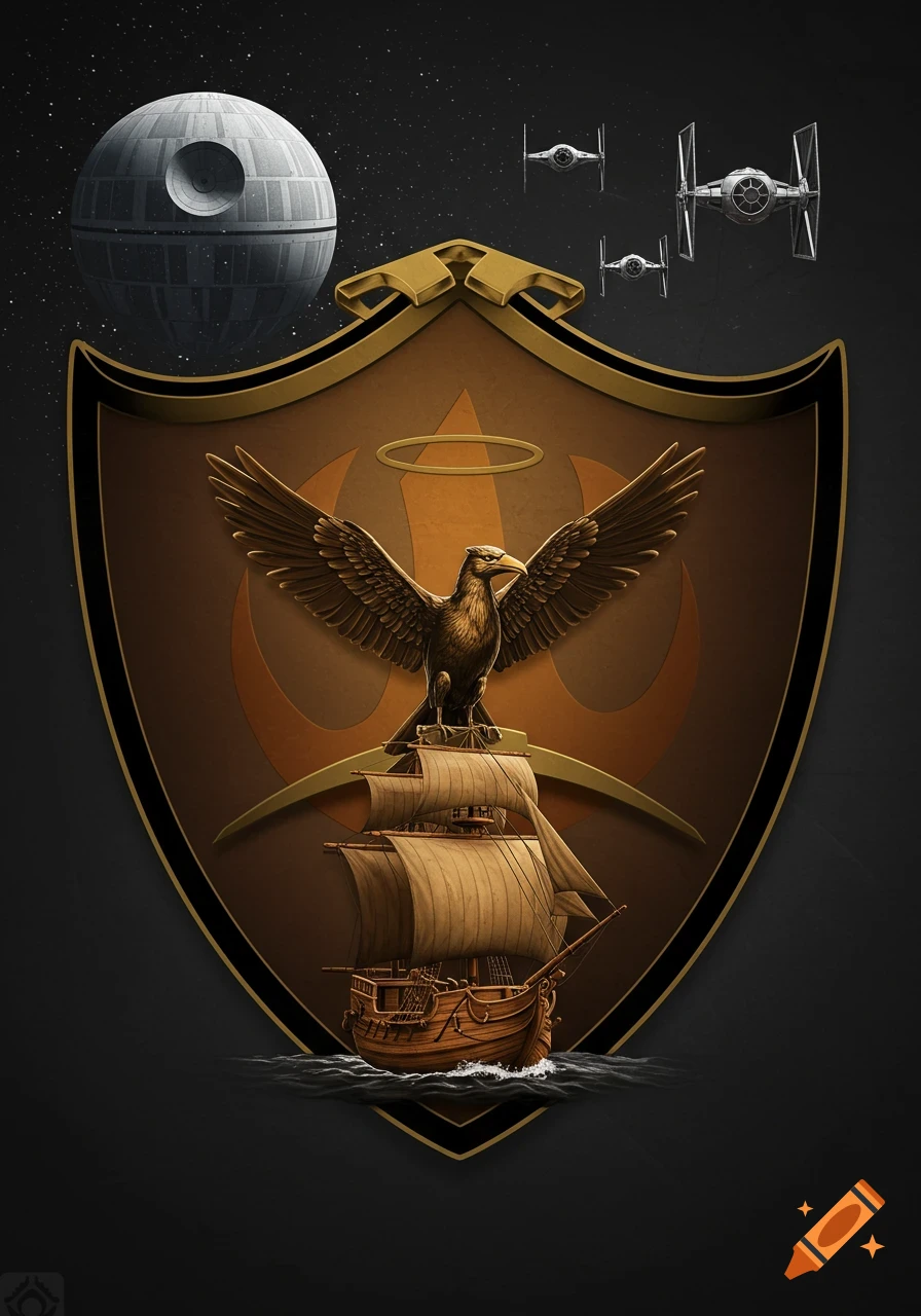 A detailed, semi-realistic coat of arms featuring the Death Star, TIE fighters, a bird, and a sailing ship against a dark background.