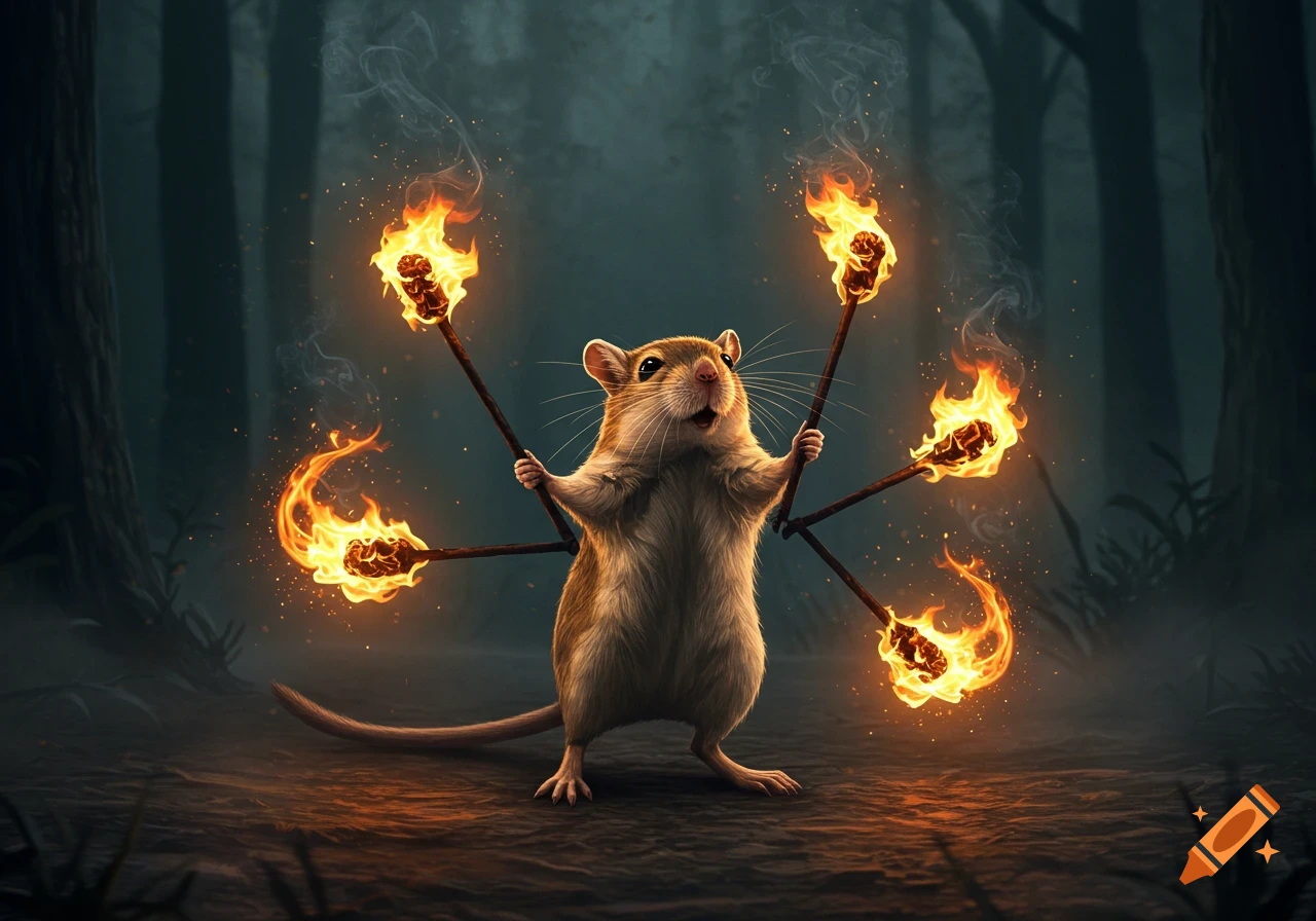 A cute gerbil holding multiple flaming torches in a dark, misty forest, looking excited.