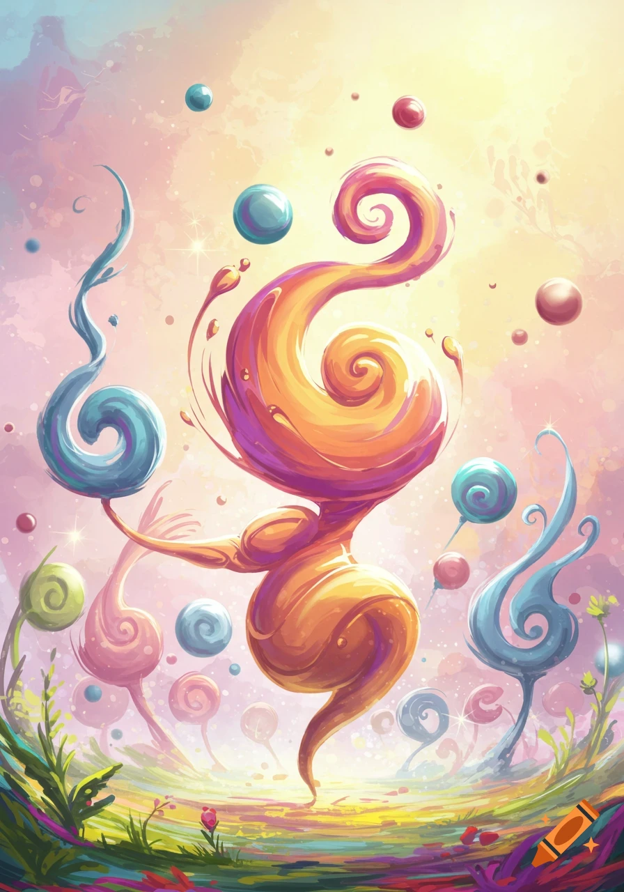 Vibrant whimsical fantasy landscape with a central swirling orange abstract figure, floating spheres, and stylized plants.
