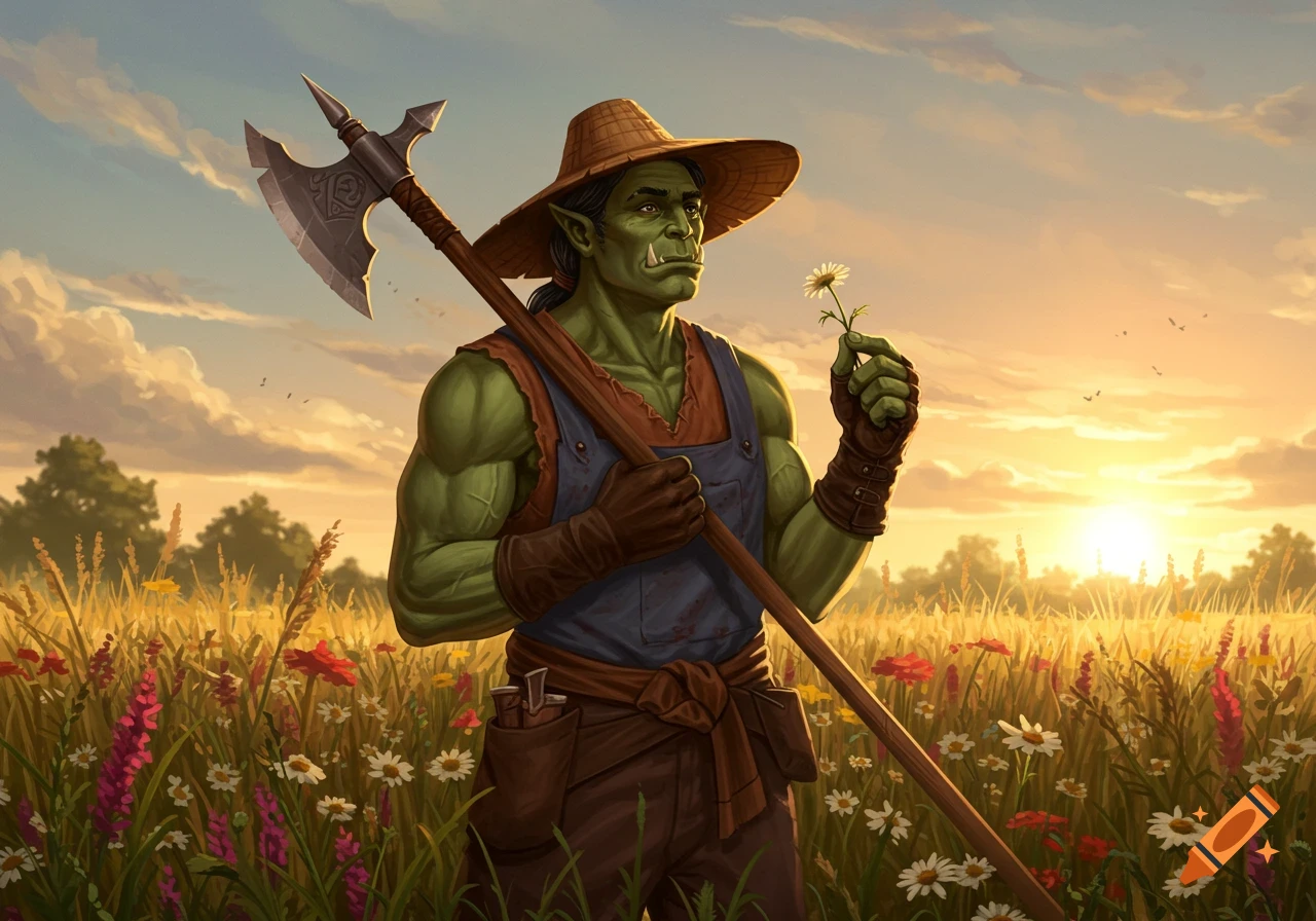 A muscular green orc in a straw hat and overalls holds a halberd and a small white wildflower in a sunny field at sunset, digital art.
