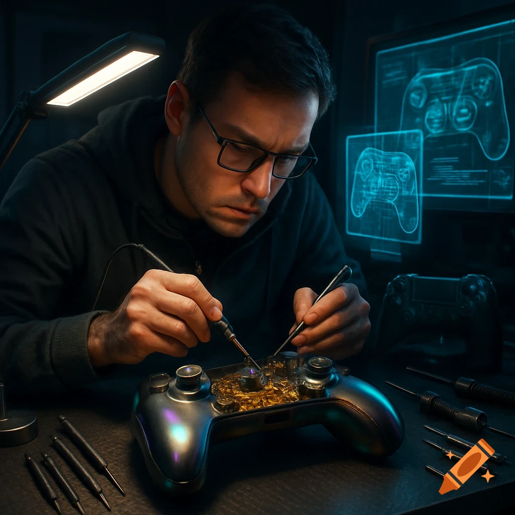 A man in glasses carefully solders a dismantled gaming controller with glowing gold internal components, holographic controller diagrams on screens in the background.