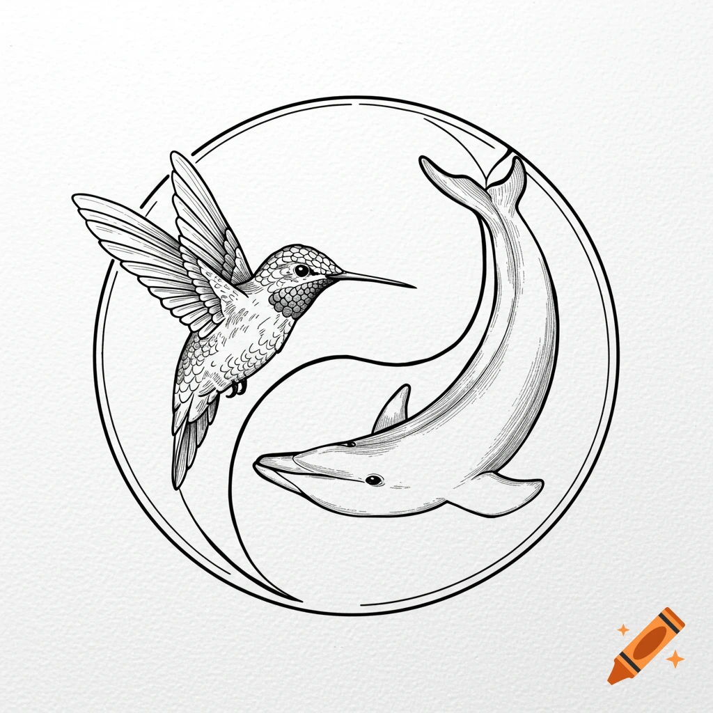 Black and white line art drawing of a hummingbird and a dolphin forming a yin-yang symbol within a circle, styled like a tattoo.