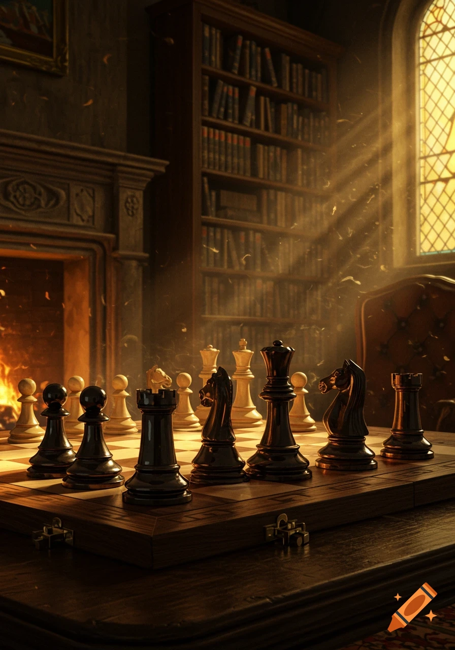 A photorealistic chess board with pieces in a dimly lit, cozy study. Sunlight streams through a window, illuminating dust motes.