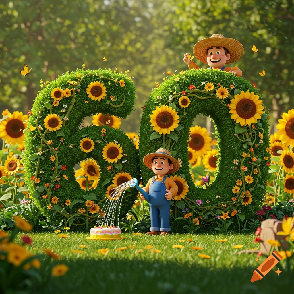 Pixar-style image of two cartoon gardeners in a field of sunflowers with large topiary numbers '60' made of green bushes and sunflowers. One gardener waters a cake.
