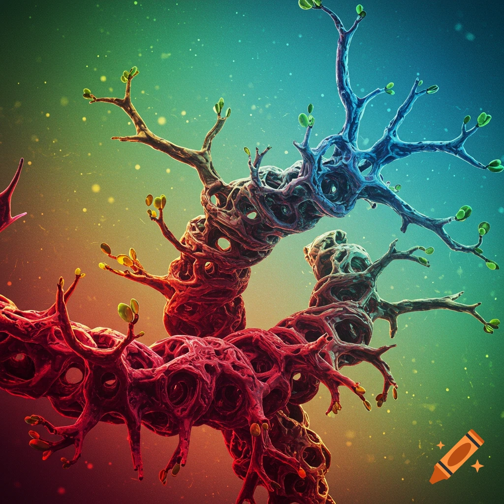 Vibrant abstract organic structure with red and blue branches and green buds, set against a colorful gradient background.