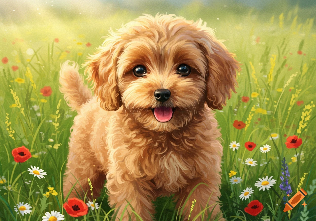 An adorable apricot cockapoo puppy with big eyes and a pink tongue, standing in a lush field of green grass and colorful wildflowers.