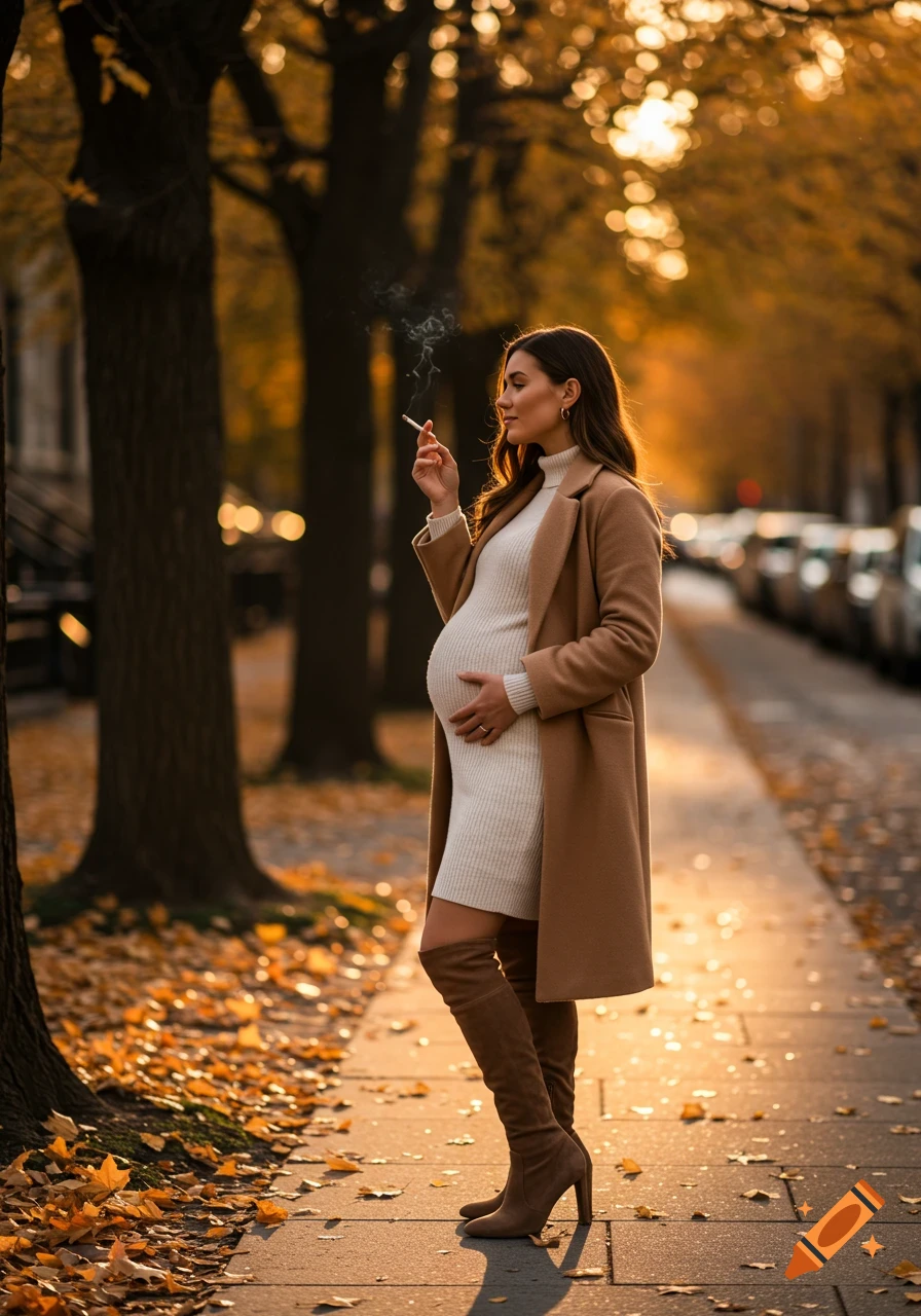 A pregnant woman in a camel coat and boots stands on an autumn city street, holding a lit cigarette.