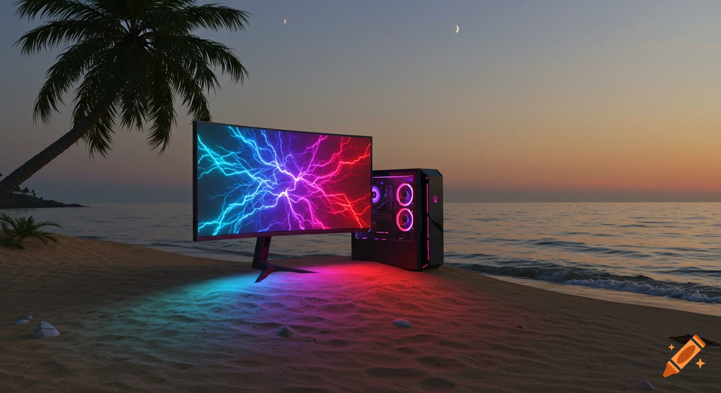 A vibrant RGB gaming PC and monitor sit on a sandy beach under a sunset sky with a palm tree.
