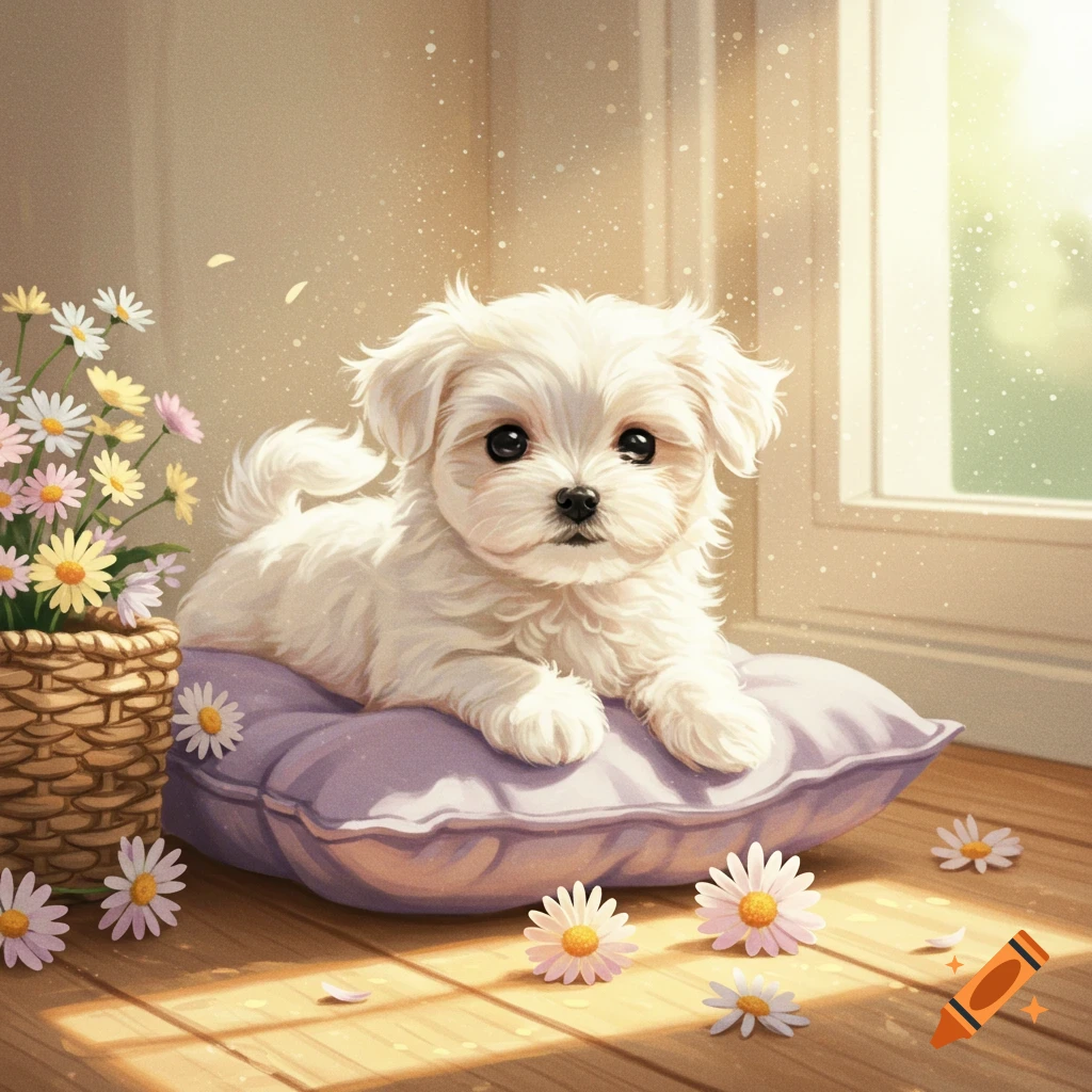 A fluffy white Maltese puppy lies on a purple pillow surrounded by daisies in a sunny, sunlit room.