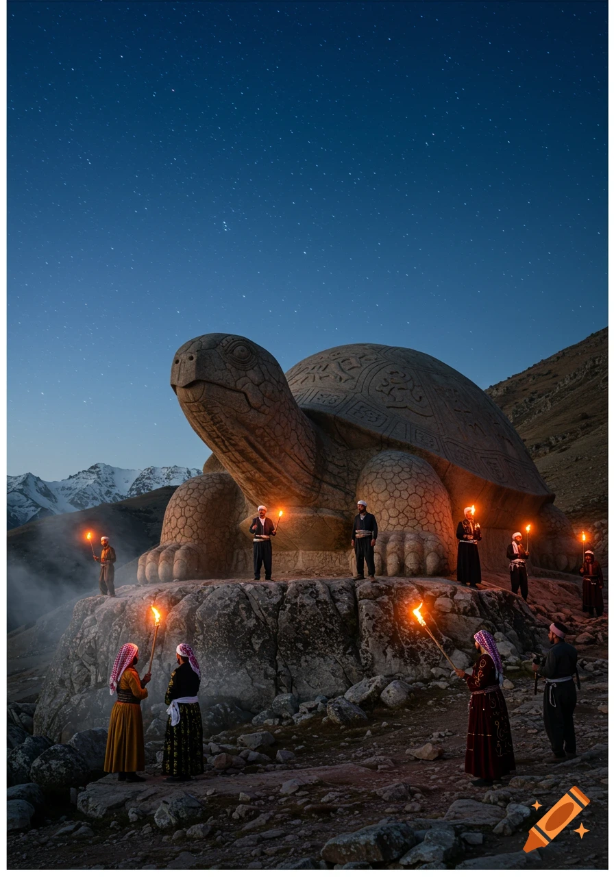 People in traditional Kurdish attire with torches stand around a giant stone turtle statue under a starry night with snowy mountains.