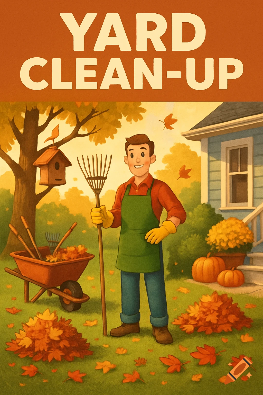 An illustration of a man raking leaves in a yard, with autumn trees and pumpkins, under a 'YARD CLEAN-UP' banner.