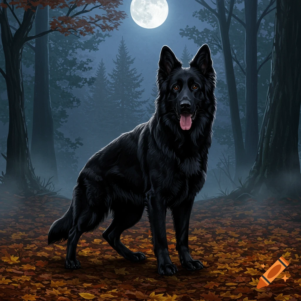 A black German Shepherd stands in a misty forest under a full moon at night, looking forward.