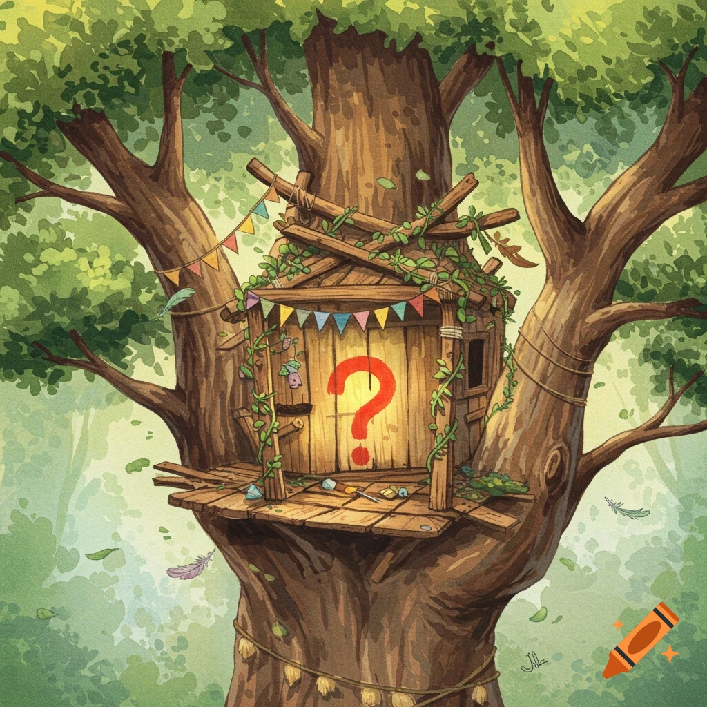 Watercolor illustration of a rustic treehouse with a red question mark on its door, nestled in a large green tree with colorful bunting.