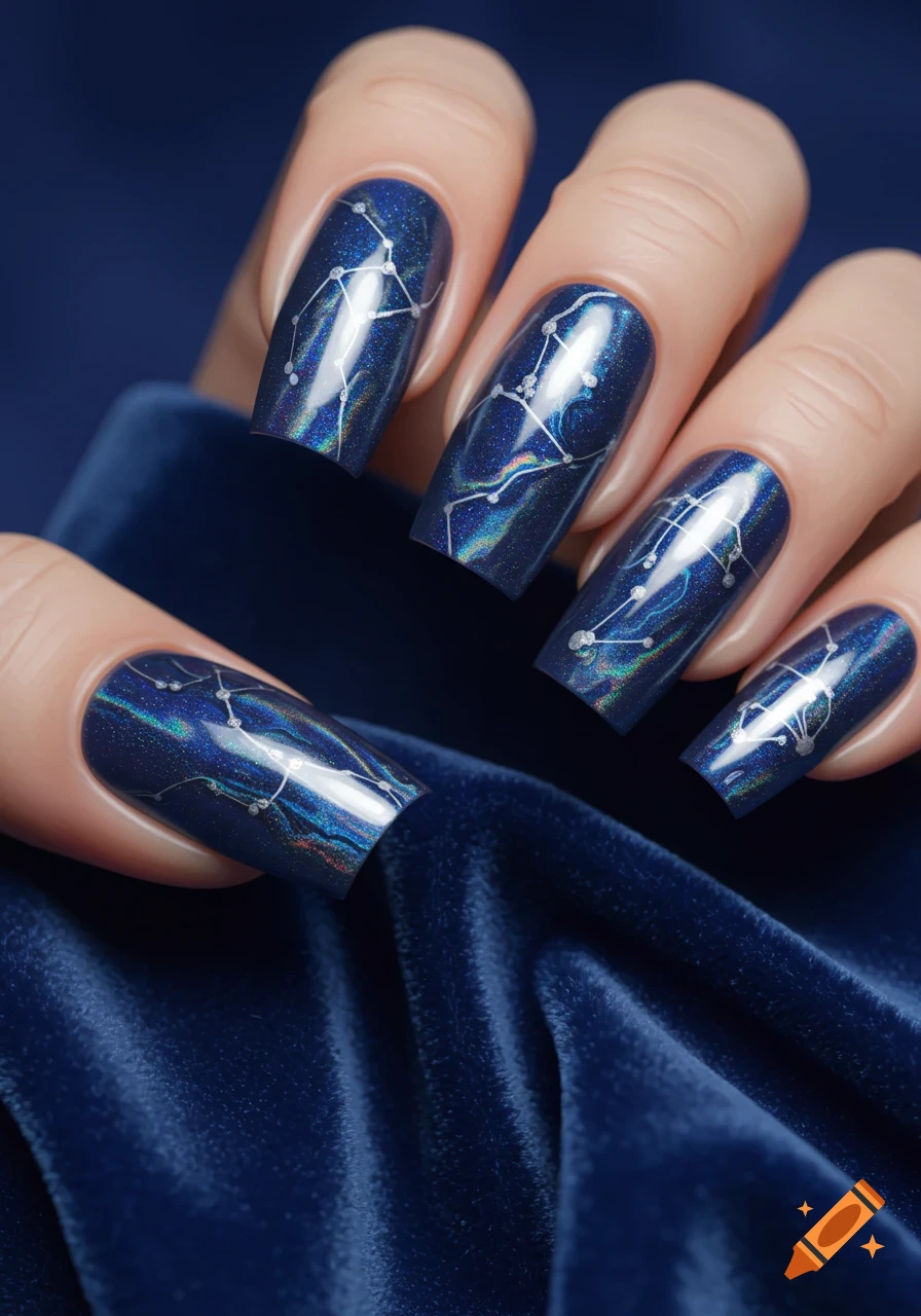 A close-up of a hand with long, coffin-shaped dark blue iridescent nails featuring white constellation designs. The hand rests on dark blue velvet fabric.