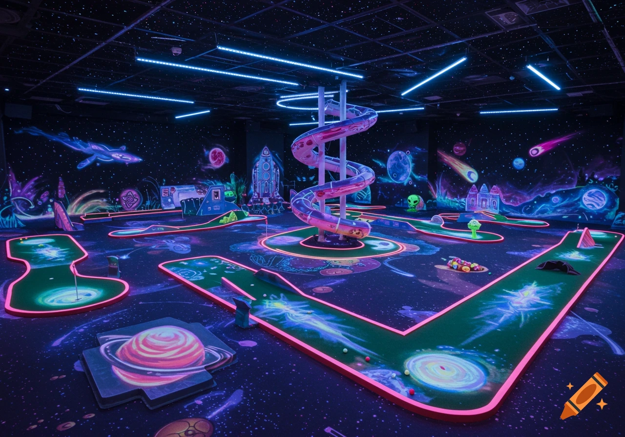 A vibrant neon-lit indoor space-themed mini golf course with glowing planets, aliens, and a central spiral tunnel.