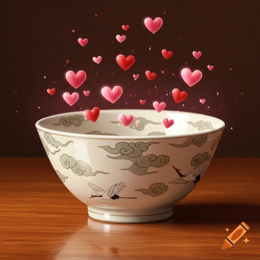 A decorative white bowl with grey clouds and cranes on a wooden table, with many pink and red glowing hearts floating above it.